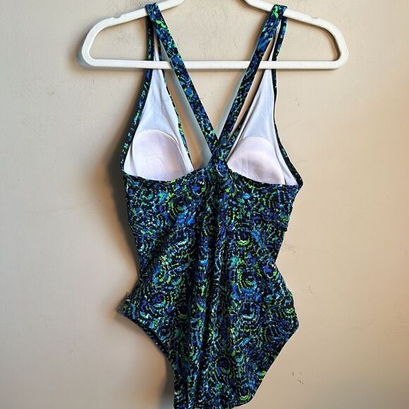 Speedo Women's Blue Multicolor Front Deep V Neck Open Back Swimsuit 18 - Picture 5 of 9